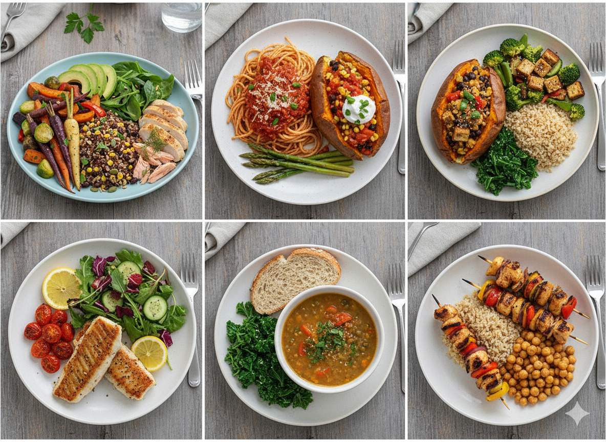 Kollaasi erilaisista lautasista, jotka havainnollistavat vaihtelua viikon ruokailussa.